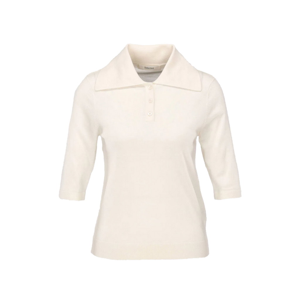 Selected Thea Strickpullover mit Chemisekragen und 2/4 langen Ärmel in Ecru von Selected. Vorne